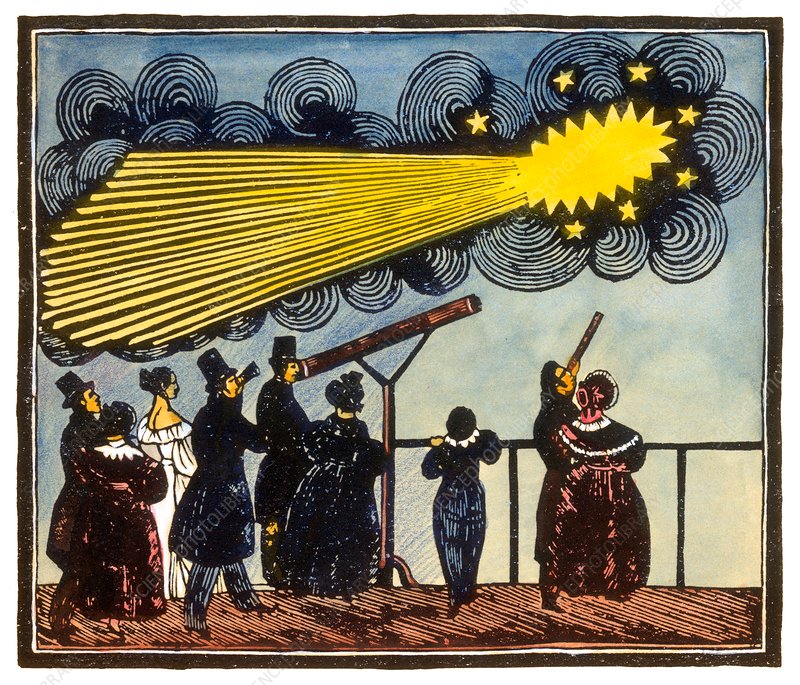 Image: An 1835 woodcut print of Halley’s Comet. Per Wikipedia, Halley’s Comet is the only naked-eye visible comet that can appear twice in a human lifetime. Its next appearance will be July 28, 2061, a bit less than 39 years from now.